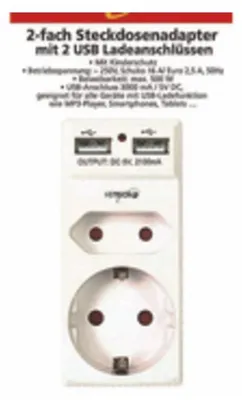 Obrázok produktu pre 2-cestný zásuvkový adaptér + 2 nabíjacie porty USB s detskou ochranou