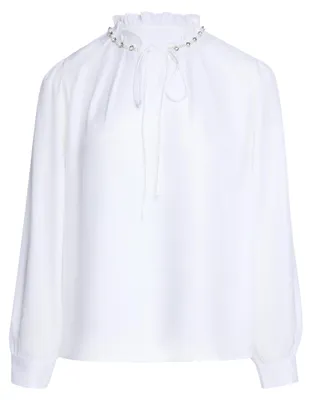 Produktbild von Damen Bluse weiß Größe S mit Rüschenkragen, Schlüssellochausschnitt und Schleife