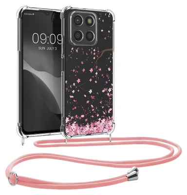 Produktbild von kwmobile Necklace Case kompatibel mit HONOR X6a Hülle - Silikon Cover mit Handykette - Rosa Dunkelbraun Transparent Kirschblütenblätter