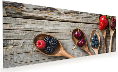 Produktbild von Küchenrückwand Spritzschutz Glas mit Motiv Holzlöffel mit Beeren 40 x 40 cm