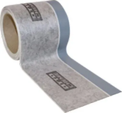 A roll of sealing tape with a blue edge, unrolling onto a white surface.