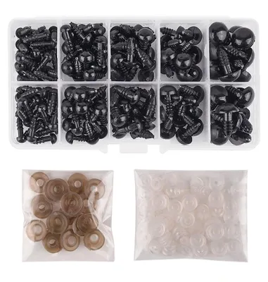 150 Kunststoff-Sicherheitsaugen 6-12 mm mit Unterlegscheiben, Schwarz
