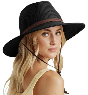 Produktbild von Damen Panama Hut Breiter Krempe Stroh Sommer Fedora Rollbar UV Sonnenhut UPF 50+ Schwarz