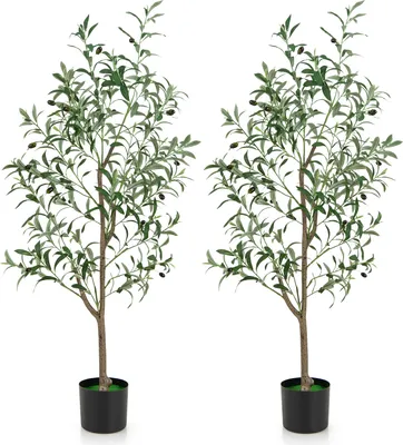 Obrázek produktu pro COSTWAY 2ks umělý olivovník 130cm, umělá rostlina Umělé rostliny s cementovým květináčem, přírodní listy a plody, umělý strom, zelená 2 balení