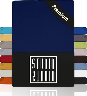 Produktbild von STUDIO Premium Spannbettlaken 90x200cm - 100x220cm, 170g/m² gekämmte Baumwolle mit 3% Elasthan, 100, Bettlaken auch für hohe Matratzen, Boxspringbetten und Wasserbetten bis 35cm - Marine