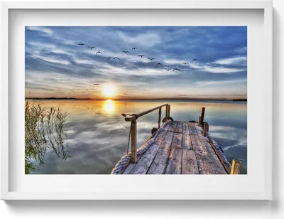 Produktbild von Sonnenuntergang am See– Wandbild mit Rahmen – Gerahmtes Bild  – Wanddekoration – 70x50 cm –  Schwarz Rahmen