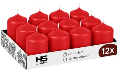 Imagen del producto de Velas tipo stump en formato cilíndrico, diámetro 4 cm, altura 6 cm, color rojo, paquete de 12 unidades