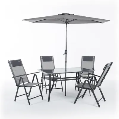 Image de Ensemble de jardin pour 4 personnes comprenant une table en verre de 140 x 80 cm, 4 chaises pliantes réglables à plusieurs positions en Textilene avec appui-tête, et un parasol de 270 cm SANREMO