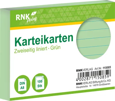 Immagine prodotto di RNK Verlag 115085 Karteikarten - DIN A8, liniert, grün, 100 Karten