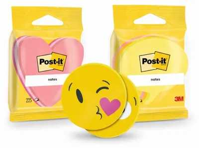 Produktbild von Post-it® Set aus 3 Haftnotizen – Herz Pink , Sprechblase Gelb, Emoji Gelb