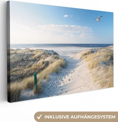 Produktbild von MuchoWow® - Leinwandbilder - Düne - Möwe - Strand - Meer - Sonne, Wandbild, Wanddeko Bilder Wohnzimmer, 60x40cm