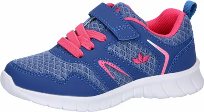 A side view of a blue and pink children's sneaker against a white background.