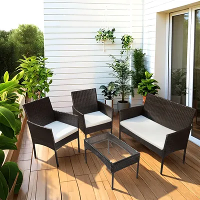 Produktbild von Peviasot 4-teiliges Polyrattan-Gartenmöbel-Set mit 2 Sesseln, Sofa, Glastisch und Kissen, Braun