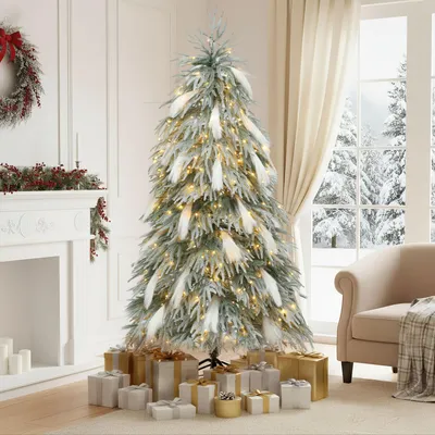 Produktbild von 180cm Künstlicher Weihnachtsbaum mit 30 Weißen Federn, 400 Warmweißen LEDs Dekobaum schneebedeckt