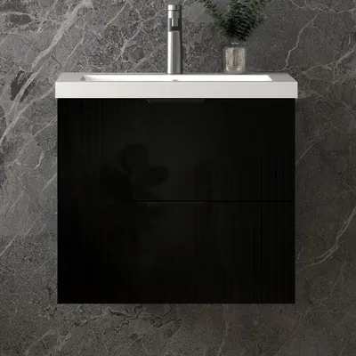 Produktbild von Unterschrank mit Waschbecken Waschbeckenunterschrank Badmöbel Waschtisch Badezimmerschrank, hochglanz Schwarz Holz, Sanfter Schluss, 60x37x52cm