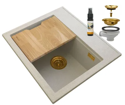 Produktbild von Granitan - Granitspüle - Spülbecken 56,5x50,5 cm - Küchenspüle Hellbeige - mit Siphon Gold - FOXAL