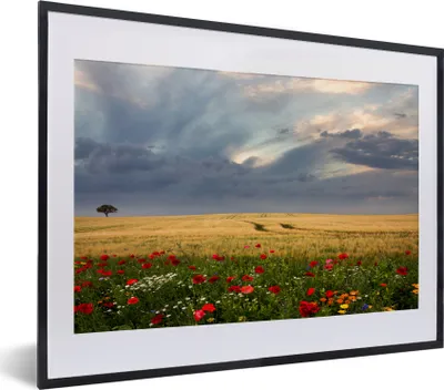 Produktbild von MuchoWow® MuchoWow® Gerahmtes Poster Blumen - Weizen - Wolken 40x30 cm - Poster mit zchwarzem Bilderrahmen - Bilderrahmen - Poster im Rahmen
