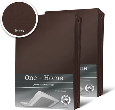 Two brown jersey fitted sheets are shown in packaging, with a close-up of the fabric texture and text labels.