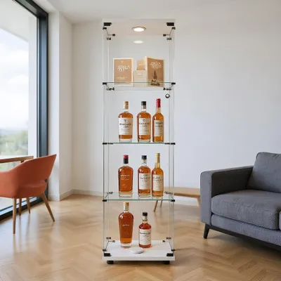 Produktbild von Vitrine, LED-Vitrine, Glasvitrine für Sammlungen mit Tür, Vitrine aus Glas, 4 Ebenen, Schrank Vitrine mit Schloss, Vitrine, Möbel für Wohnzimmer, Bar (4 Etagen + Lichter, weiß)
