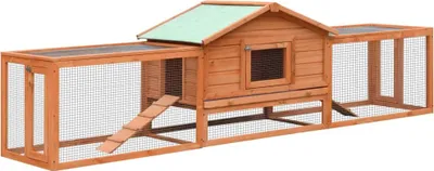 A wooden rabbit hutch with two attached outdoor runs.