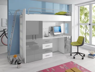 Produktbild von Etagenbett TOMI 4d , Hochglanz Kinderbett Hochbett , OHNE Matraze und Lattenrost (Weiss / Grau )