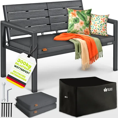 Produktbild von tillvex® Gartenbank Wetterfest 2-3 Sitzer mit Abdeckung & Kissen | Parkbank in Holzoptik bis 300kg belastbar UV-beständig | Sitzbank Garten Terrasse Balkon mit waschbarem Bezug