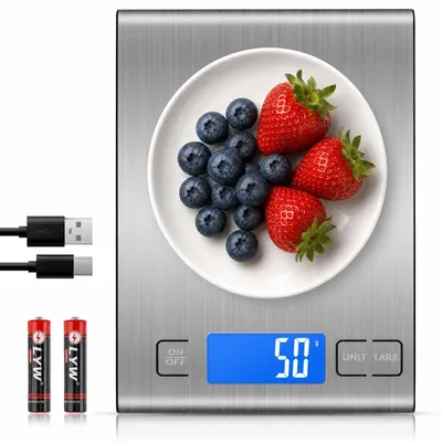Küchenwaage 15 kg, Edelstahl, digital, wiederaufladbar, LED-Display, Tara