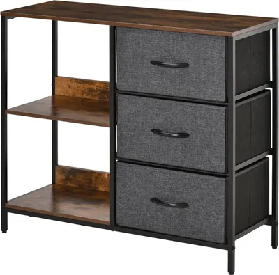 Image de Commode Rangement avec 3 tiroirs en tissu, 2 étagères ouvertes,Commode avec cadre métallique pour chambre, salon Marron Aosom