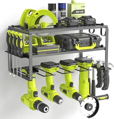 Productafbeelding van Unyqoos® Wandopslag voor elektrisch gereedschap – verzinkt, gelegeerd staal, ruimtebesparende opbergoplossing voor werkplaats en garage, met 4 booropbergplaatsen, 2 plateaus en een draagvermogen van 60 kg