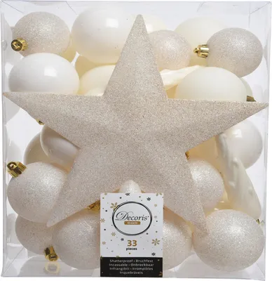 Produktbild von 33 Christbaumkugeln Kunststoff Woll-Weiß Spitze Stern Weihnachtskugeln