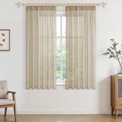Productafbeelding van Transparante gordijnstof - linnenlook met volantband - geschikt voor slaapkamer, keuken en woonkamer - beige, 145x140 cm, set van 2