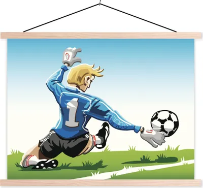Produktbild von MuchoWow® Textilposter Eine Illustration eines Torwarts, der den Fußball stoppt - Jungen - Mädchen - Kinder 150x113 cm mit holzfarbenen Rahmen - Poster