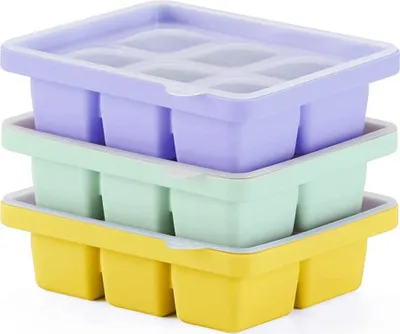Produktbild von 3 Stück Eiswürfelform, Silikon Eiswürfelschale XL mit Deckel, stapelbar und spülmaschinenfest Eiswürfelformen, für Bier, Wein und Baby-Snack enthalten (3 Farbe, Set von 3 (18 Eiswürfel))