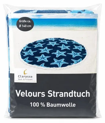 Produktbild von Clarysse Rundes Strandtuch Blau mit Seestern | Velours Beach Towel Ø 140 cm | 100% Baumwolle mit Fransen | Nordsee Meer maritim