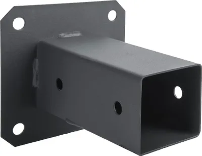 A black metal fence post bracket is shown against a white background.