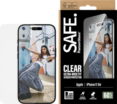 Zdjęcie produktu dla PanzerGlass SAFE. by ® Screen Protector iPhone Air | Ultra-Wide Fit w. EasyAligner, Apple, Apple - iPhone Air, Aplikacja na sucho, Odporny na zadrapania, Odporny na wstrząsy, Przezroczysty, 1 szt.
