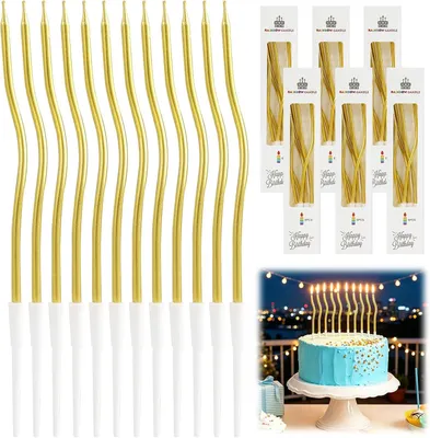 Image de Bougies d'anniversaire, spirales, 48 pièces, dorées, courbées, avec support, bougies longues et fines pour gâteaux et cupcakes