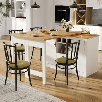 Produktbild von Flieks Drehbarer Bartisch mit Sideboard, Ausziehbarer Bartisch 360° Drehbar,  Kommode mit Schubladen, Weinregal und Türen, 120-180x40x76cm, Weiß