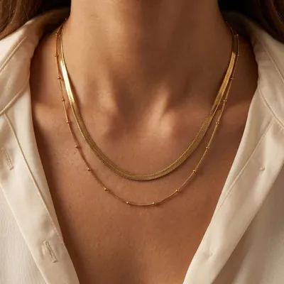 Produktbild von Lundholm Tessa Halskette Damen Vergoldet – Doppellagige Layering Kette – Premium Edelstahl Gold PVD – Hypoallergen Wasserfest