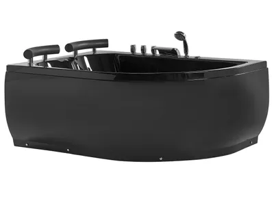 Obrázok produktu pre BELIANI Vírivá rohová vaňa čierna akrylát 158 x 113 cm zaoblený tvar pravostranná pre 2 osoby opierky hlavy LED osvetlenie moderný štýl kúpeľňa