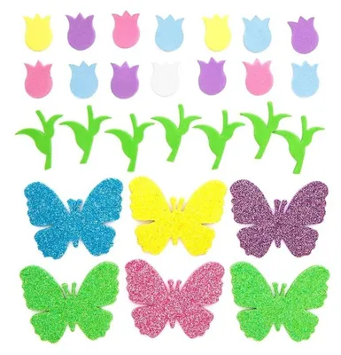 Productafbeelding van Zelfklevende foam tulpen en vlinders, 92 stuks