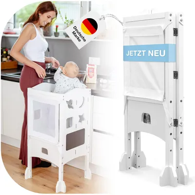 Produktbild von BabybeFun Lernturm ab 1 Jahr - [Extra Sicher] Montessori Lernturm klappbar inkl. Sicherheitsnetz Küchenhelfer | für Kinder 1-5 Jahre