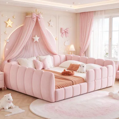 Immagine prodotto di Letto imbottito per bambini Merax, modello a terra, 140x200 cm, con rivestimento in velluto, design chiuso e angoli arrotondati, letto Montessori per adolescenti, colore rosa