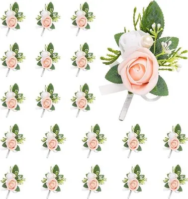 Image de Lot de 20 fleurs artificielles roses pour hommes - Boutonnières avec tiges pour mariage, anniversaire ou soirée de gala