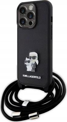 A black Karl Lagerfeld iPhone 15 Pro case with a crossbody strap is shown against a white background.