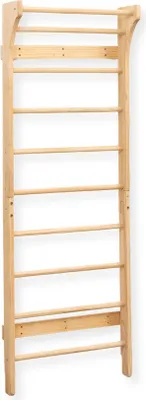 A wooden climbing wall with horizontal bars against a white background.