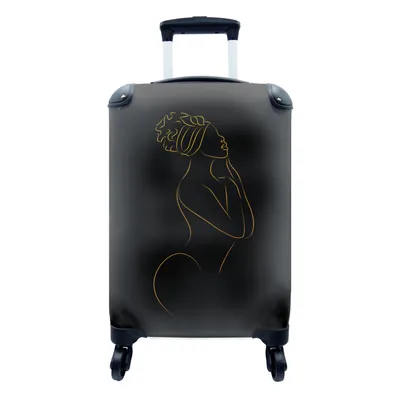 Produktbild von MuchoWow® Koffer Handgepäck Trolley Rollkoffer Kleine Reisekoffer mit 4 Rollen - Frau - Gold - Schwarz - Strichzeichnung - Cabin Size < 55x40x23 cm & 55x40x20 cm - Fotokoffer - Kabinenkoffer - Boardgepäck - Reise-Box - Reisekoffer - Reisegepäck - Koffer mit Bild - Trolley für Kinder