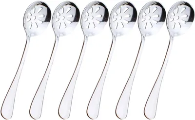 Produktbild von Set mit 6 kleinen Edelstahllöffeln mit Löchern, wiederverwendbar für das Abendessen, geeignet für Zuhause, Restaurants und Bankette.
