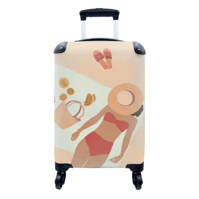 Produktbild von MuchoWow® Koffer Handgepäck Trolley Rollkoffer Kleine Reisekoffer mit 4 Rollen - Frauen - Hut - Pantoffeln - Strand - Cabin Size < 55x40x23 cm & 55x40x20 cm - Fotokoffer - Kabinenkoffer - Boardgepäck - Reise-Box - Reisekoffer - Reisegepäck - Koffer mit Bild - Trolley für Kinder