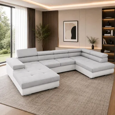 Produktbild von GOLDSTOFF RELAX U Sofa mit Schlaffunktion 345×205 cm | Eckschlafsofa mit bettkasten verstellbare Kopfstützen | Sofabett (Hellgrau + Weiß)